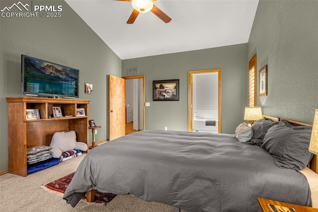 bedroom with ensuite bath, vaulted ceiling, carpet floors, and a ceiling fan
