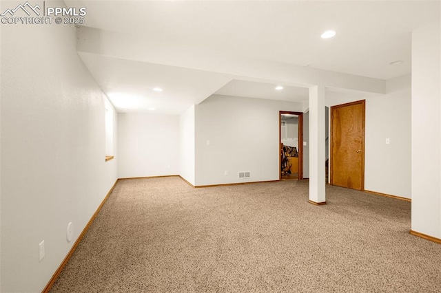 bonus room with baseboards, carpet flooring, visible vents, and recessed lighting