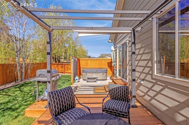 wooden terrace with a pergola, a fenced backyard, a hot tub, and a grill