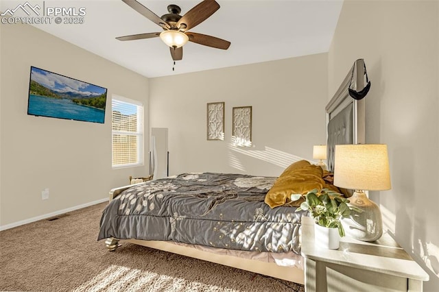 carpeted bedroom featuring baseboards, visible vents, and ceiling fan