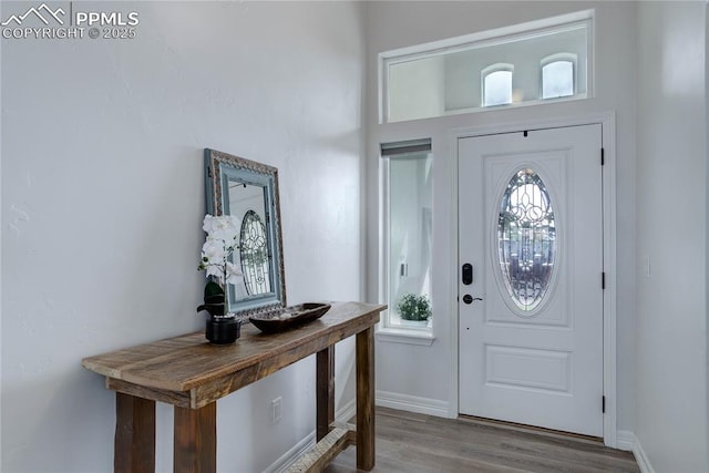 foyer with baseboards and wood finished floors