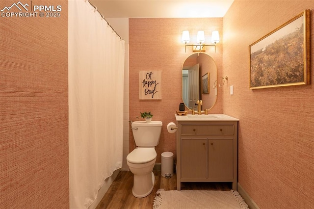 bathroom with wood finished floors, toilet, a shower with curtain, and vanity