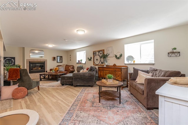 living room with a fireplace and light wood finished floors