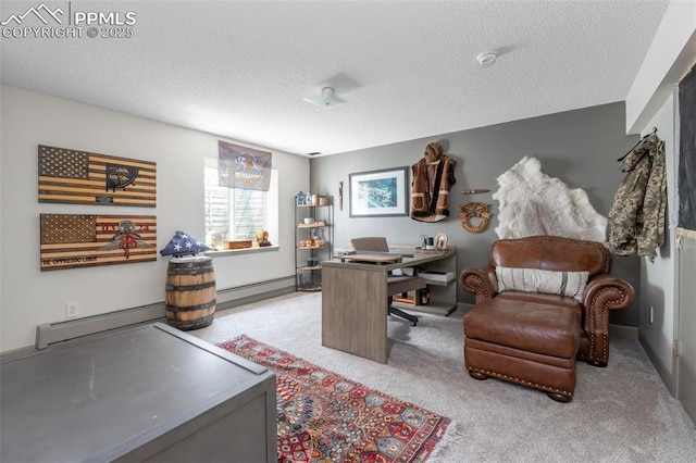 carpeted office with a textured ceiling and baseboard heating