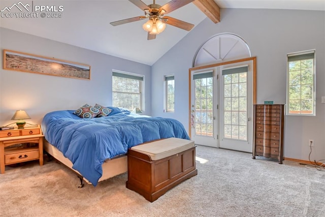 bedroom with lofted ceiling with beams, ceiling fan, light carpet, baseboards, and access to exterior