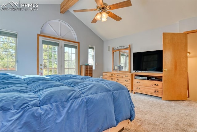 bedroom with high vaulted ceiling, ceiling fan, beamed ceiling, light colored carpet, and access to outside