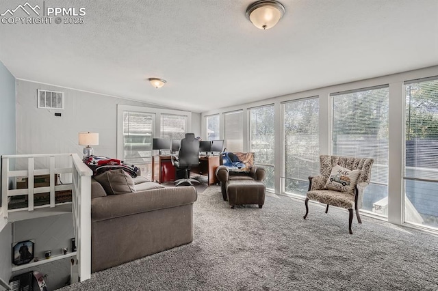 carpeted living room with lofted ceiling, a textured ceiling, and visible vents