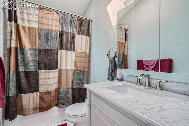 bathroom featuring a textured wall, vanity, a shower with shower curtain, and toilet