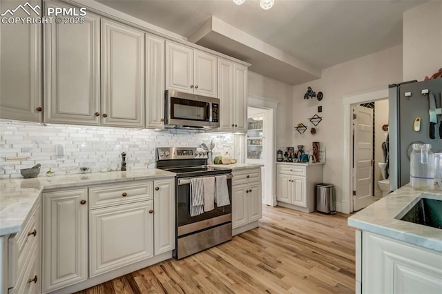 519 W Bijou St, Colorado Springs, CO 80905 - kitchen with tasteful backsplash, stainless steel appliances, and light wood-style flooring