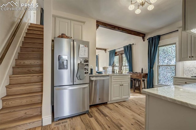 519 W Bijou St, Colorado Springs, CO 80905 - kitchen featuring a sink, beam ceiling, light wood-type flooring, backsplash, and appliances with stainless steel finishes