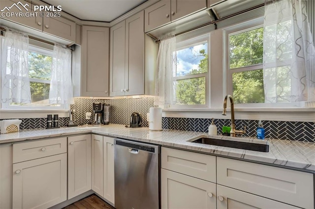 519 W Bijou St, Colorado Springs, CO 80905 - kitchen featuring stainless steel dishwasher, light stone countertops, a sink, and decorative backsplash