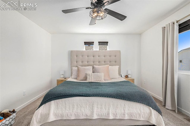 bedroom with baseboards, carpet flooring, and ceiling fan