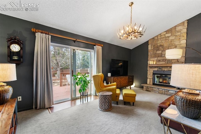 840 Quail Lake Cir, Colorado Springs, CO 80906 - carpeted living area featuring an inviting chandelier, lofted ceiling, and a fireplace