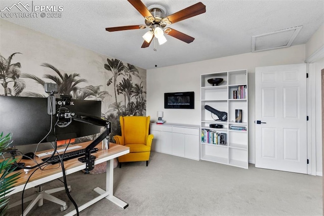 840 Quail Lake Cir, Colorado Springs, CO 80906 - carpeted office featuring attic access, a ceiling fan, and wallpapered walls