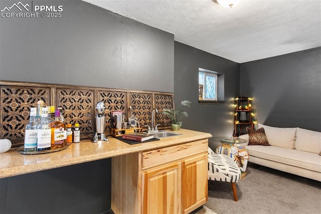 840 Quail Lake Cir, Colorado Springs, CO 80906 - bar with carpet flooring, a textured ceiling, indoor wet bar, and a sink
