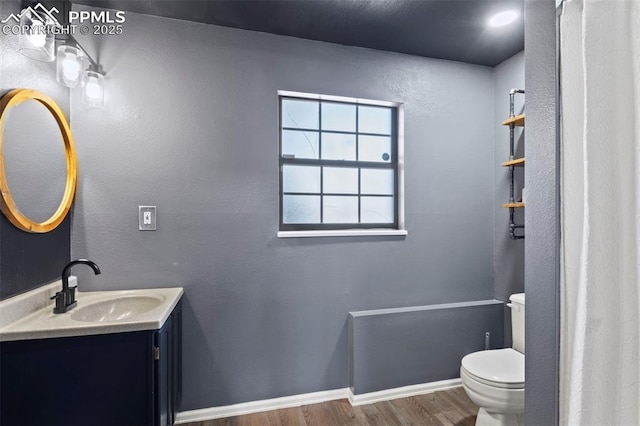 bathroom with wood finished floors, vanity, and toilet