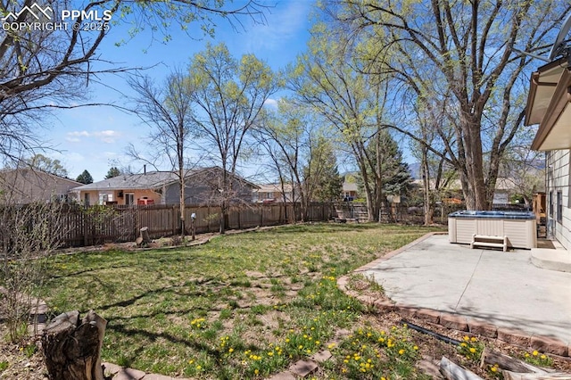 view of yard with a patio area, a fenced backyard, and a hot tub