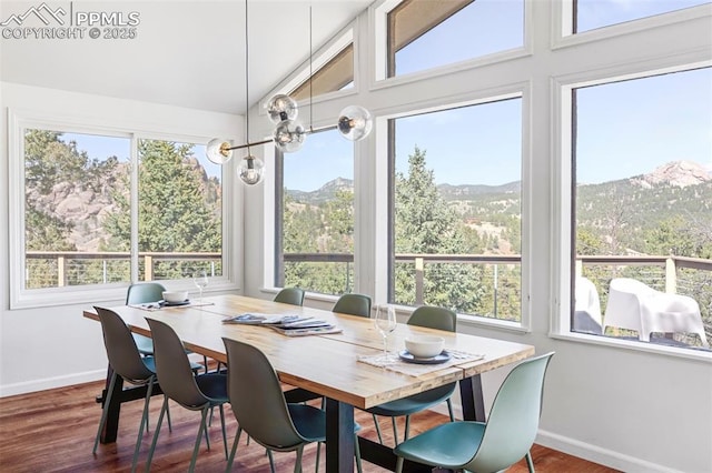 280 Highland Meadows Dr, Florissant, CO 80816 - dining room featuring lofted ceiling, wood finished floors, baseboards, and a mountain view