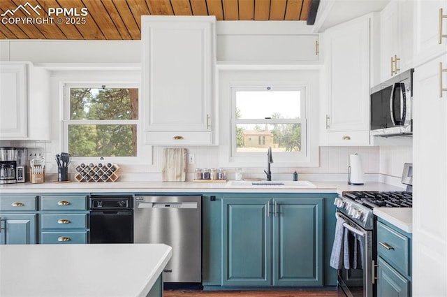 280 Highland Meadows Dr, Florissant, CO 80816 - kitchen featuring wood ceiling, appliances with stainless steel finishes, blue cabinetry, and a sink
