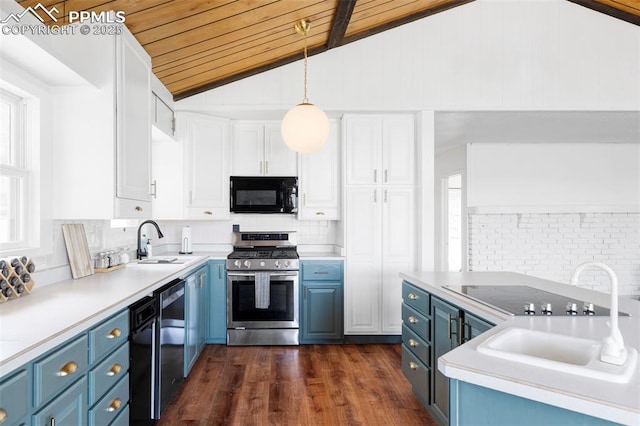 280 Highland Meadows Dr, Florissant, CO 80816 - kitchen featuring blue cabinets, a sink, dark wood-style flooring, white cabinetry, and black appliances