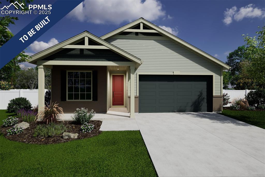 5746 Mireland Vw, Colorado Springs, CO 80927 - view of front of house featuring fence, driveway, a front yard, and a garage
