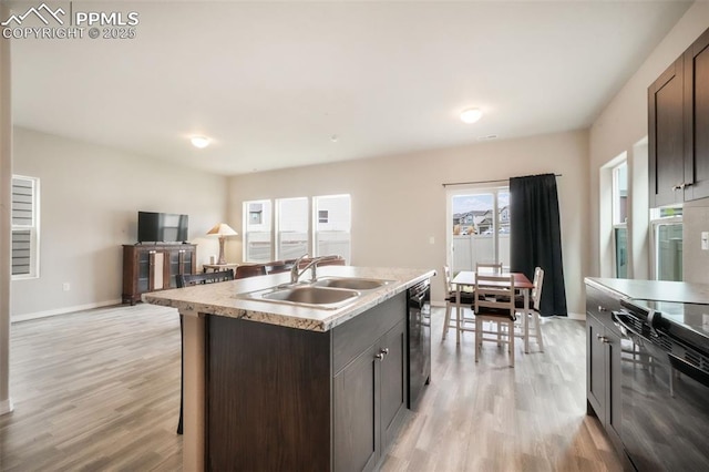 kitchen featuring baseboards, a sink, black appliances, and light wood-style floors
