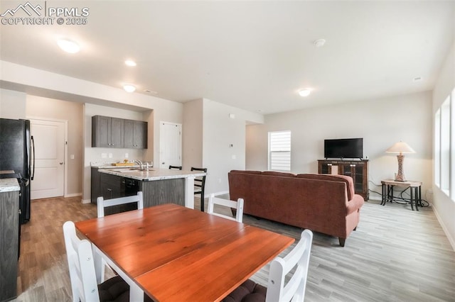 dining space with baseboards, light wood-type flooring, and a wealth of natural light