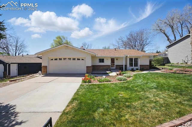 ranch-style house with an attached garage, driveway, a front lawn, and brick siding