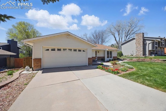 ranch-style home with fence, a front yard, brick siding, concrete driveway, and an attached garage