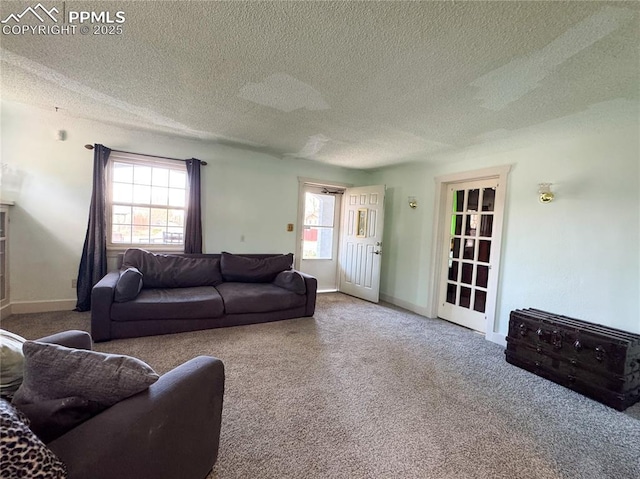 living room featuring baseboards, carpet flooring, and a textured ceiling