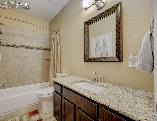 12590 Holmes Rd, Black Forest, CO 80908 - bathroom with toilet, shower / bathtub combination with curtain, and vanity