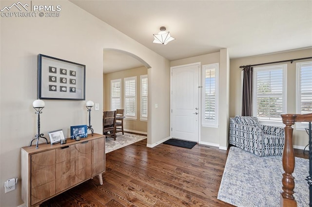 entrance foyer featuring vaulted ceiling, baseboards, dark wood-style floors, and arched walkways