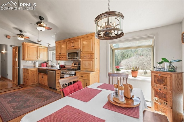 dining area featuring ceiling fan with notable chandelier and wood finished floors