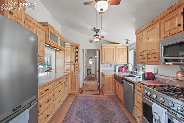 kitchen with light brown cabinetry, appliances with stainless steel finishes, ceiling fan, and a sink