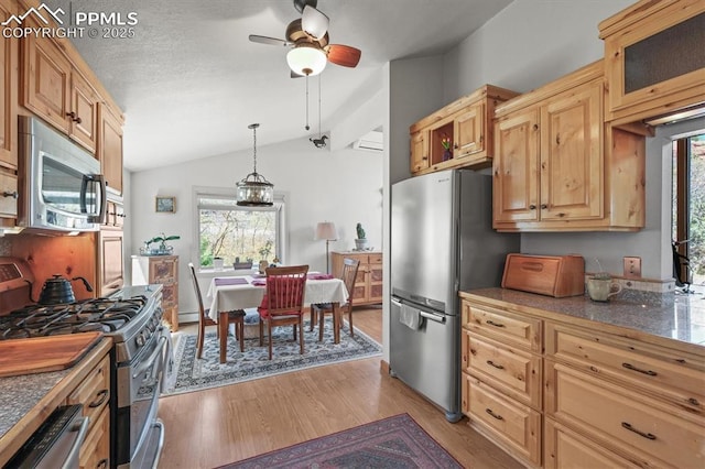 kitchen featuring stainless steel appliances, vaulted ceiling, a wealth of natural light, and light wood-style flooring