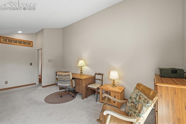 sitting room featuring recessed lighting, carpet, lofted ceiling, and baseboards