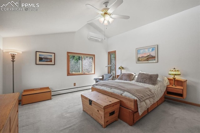 carpeted bedroom with a baseboard heating unit, baseboards, lofted ceiling, a ceiling fan, and a wall mounted AC
