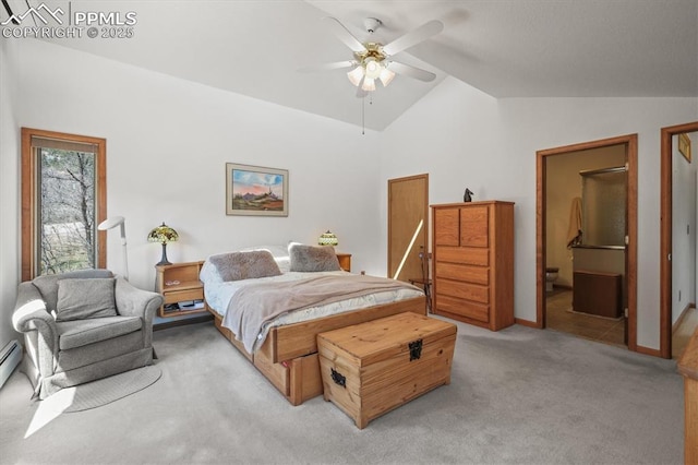 bedroom with lofted ceiling, light colored carpet, and ceiling fan