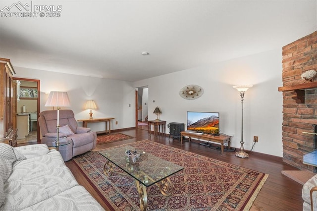 living area featuring baseboards, wood finished floors, and a fireplace