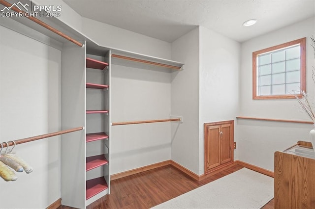 walk in closet with wood finished floors