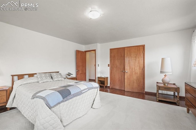 bedroom featuring wood finished floors and a closet