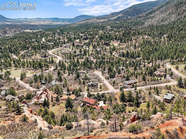 birds eye view of property with a forest view and a mountain view