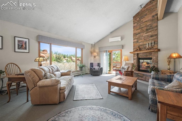 carpeted living area featuring an AC wall unit, a baseboard heating unit, a large fireplace, a textured ceiling, and high vaulted ceiling
