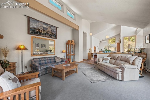 living room featuring carpet flooring and high vaulted ceiling