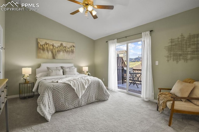 carpeted bedroom with lofted ceiling, a ceiling fan, access to exterior, and baseboards