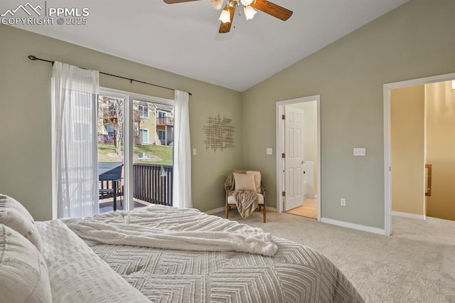 bedroom featuring a ceiling fan, carpet floors, baseboards, lofted ceiling, and access to exterior