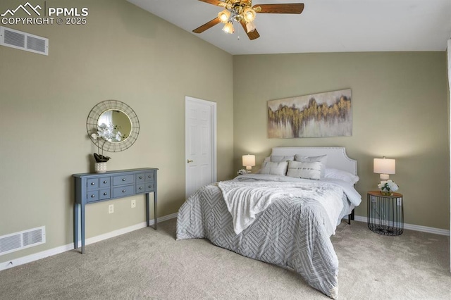 carpeted bedroom featuring high vaulted ceiling, visible vents, baseboards, and ceiling fan