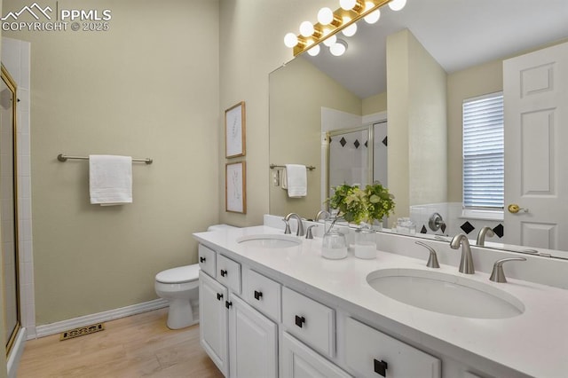 bathroom featuring a shower stall, wood finished floors, and a sink