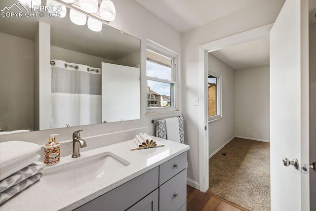983 Moorings Dr, Colorado Springs, CO 80906 - bathroom with baseboards, a shower with curtain, vanity, and wood finished floors