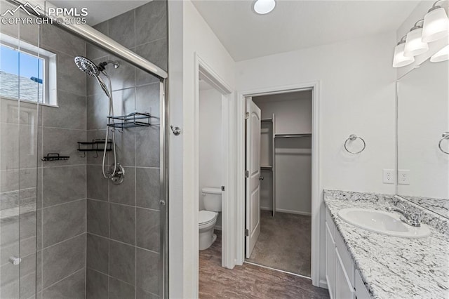 6117 Ashmore Ln, Colorado Springs, CO 80927 - bathroom featuring toilet, vanity, a shower stall, and a spacious closet